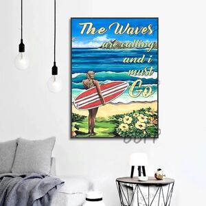 特特大 60×80 ポスター/ハワイアン サーファーガール 海 ハワイ サーフ サーフィン フラダンス サーファー 波 マリン ビーチ 絵 風景 自然
