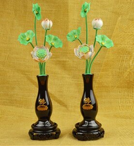 唐密真言宗 　蓮花　常花 アルミ製　2点セット 　彩色　 花瓶付 仏教美術　高さ30cm zh28