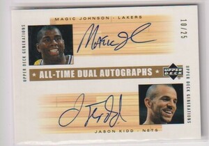 2002-03 Upper Deck Generations Magic Johnson Lakers & Jason Kidd Nets All-Time Dual Autograph card #10/25