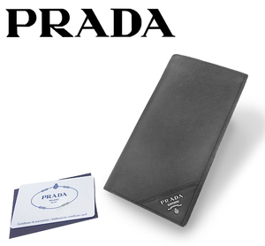【送料無料 美品】 プラダ PRADA 二つ折り長札入れ 財布 カードケース サフィアーノ レザー ブラック メンズ 紳士 スリム 薄型 Gカード付