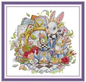 クロスステッチキット Rabbit time hourglass 40×38cm アリス 白うさぎ 14CT 図案印刷あり 刺繍