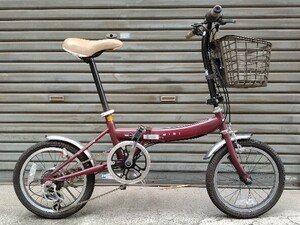 お引取り限定品★美品★MINI ミニ　折りたたみ自転車　16インチ　外装6段変速　ボルドーレッド