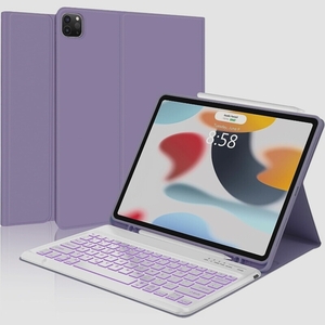 送料無料★BORIYUAN iPad pro 12.9 キーボード付ケース 第6/第5/第4/第3世代 7色バックライト（紫）