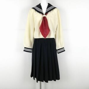 1円 セーラー服 スカート スカーフ 上下3点セット 大きいサイズ 中間服 白3本線 女子 学生服 中学 高校 オフ白 制服 中古 ランクC NA0234