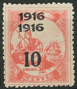 外国切手　リベリア　未使用　1916年　加刷10c/24c　二重加刷　1種　NG　②