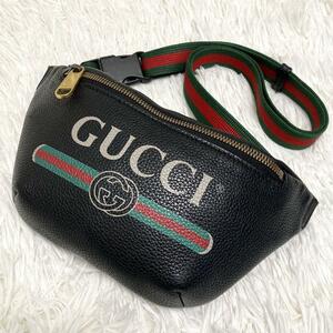 ★美品★ GUCCI グッチ ボディバッグ ウエストバッグ シェリーライン インターロッキング ロゴプリント レザー 黒 ブラック メンズ 527792