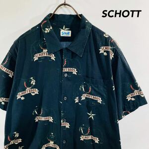 SCHOTT ショット アロハシャツ ブルドッグ 開襟シャツ 半袖シャツ M 黒 総柄 美品 オープンカラーシャツ 古着 