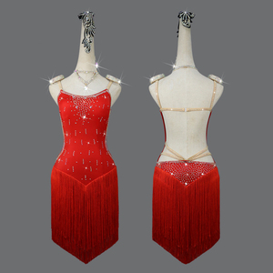 新品　レディース社交ダンス衣装　　お得のセット品　サイズ調整対応　サイズS～XXL　競技試合ダンスドレス　赤色　フリンジ飾り