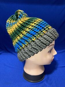 カラフルニットキャップ　ウール100％ マルチカラー　手編み　毛糸 Handmade knitted multi color cap wool bulky yarn ユニセックス 帽子