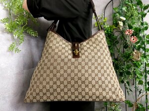 ●美品●GUCCI グッチ●GGキャンバス カーフ レザー 本革●ワンショルダー バッグ●ブラウン ベージュ●G金具●肩掛け●B5 書類●Js46054