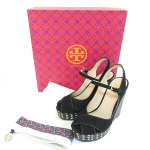 美品 TORY BURCH トリーバーチ OLLIE 125mm WEDGE-LANCASTER スエード ウェッジソール スリングバック サンダル 6M 約23cm 黒 ブラック