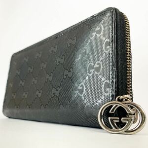 1円〜希少◆グッチ GUCCI 長財布 ラウンドファスナー GG インプリメ インターロッキング レザー ブラック メンズ ビジネス シルバー金具