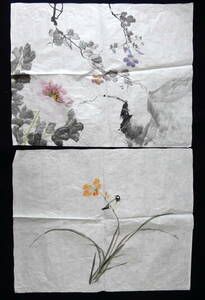 中国絵画　花鳥画　手描き　試作　4枚セット　手本　墨彩画　水墨画　書道　篆刻