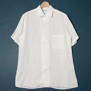 【1円スタート】メール便○ Loro Piana リネン半袖シャツ トップス 麻100％ 薄地 高級 シンプル 無地 ホワイト 白 L イタリア製 春夏