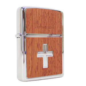 ジッポー オイルライター クロス 十字架 木貼り LEGEND LOVE 2008年か2007年製＆ギフトボックスセット（オイル＋フリント+BOX）