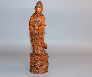 ▽鴻▽ 黄楊木製 細密彫 淨瓶觀音像 置物 古賞物 中国古玩 中国古美術
