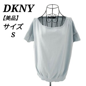 ディーケーエヌワイ DKNY 美品 半袖ニット トップス ライトブルー クルーネック 1 S相当 無地 レディース