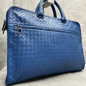 1円■美品■ BOTTEGA VENETA ボッテガヴェネタ メンズ イントレチャート トート ビジネスバッグ ブリーフケース 通勤鞄 A4◎ 大容量 革 青