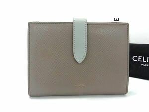 1円 ■美品■ CELINE セリーヌ ミディアム ストラップ レザー二つ折り 財布 ウォレット レディース グレージュ系 AW7081