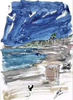 原画#1794 黒猫　ニース　フランス　星空　海　水彩画　ドローイング　スケッチ