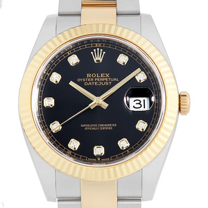 ロレックス デイトジャスト41 10Pダイヤ 126333G ブラック 3列 オイスターブレス ランダム番 中古 メンズ 腕時計