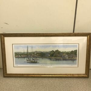 4-52■織田義郎 おだよしお メインの港 II リトグラフ a port of maine Ⅱ風景絵画 額装 30/300 直筆サイン 美術品 コレクション 現状品