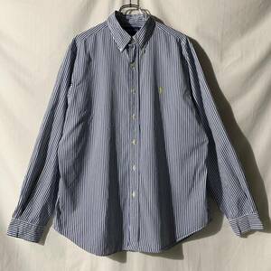 90s Ralph Lauren ラルフローレン CLASSIC FIT ボタンダウン 長袖 ストライプシャツ 青白 16 1/2 L ヴィンテージ OLD