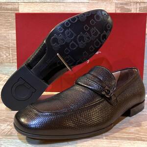 【定価十万程・着用一回以下】Salvatore Ferragamo フェラガモ ガンチーニ ビットローファー US7EE 25.0-25.5cm程 黒 型押カーフ リザード