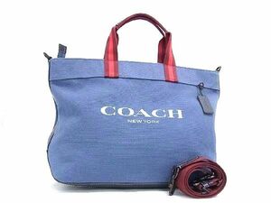 1円 ■新品同様■ COACH コーチ CJ486 キャンバス×レザー 2WAY ハンドバッグ トート ショルダー 斜め掛け ブルー系×ボルドー系 AW7084