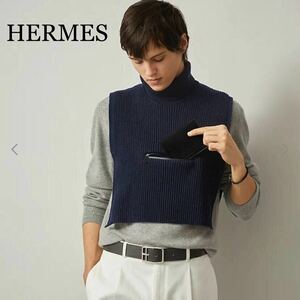 極美品 希少 変形 さりげないオシャレ HERMES エルメス ネックウォーマー ベスト ネックスリット ポケット付き カシミヤ シルク メンズ