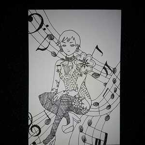 ★☆オリジナル 手描きイラスト ショート 女の子☆★音符 音 楽譜 ファッション 白黒 モノクロ ハガキ ポストカード ボーイッシュ