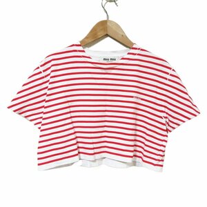 美品 23SS miumiu ミュウミュウ ボーダー ロゴプリント 半袖 クロップド丈 Tシャツ カットソー サイズXS ホワイト×レッド