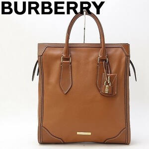 ◆BURBERRY バーバリー 裏地ノバチェック柄 レザー トート ハンド バッグ 茶色 ブラウン