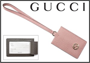 バッグやスーツケースに◆GUCCI グッチ◆ピンク×ブラウンレザーGGネームタグ