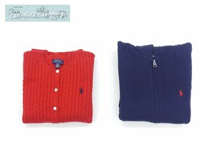 送料込 POLO RALPH LAUREN ガールズ子供服2点 赤カーディガン L/G (12/14)/ネイビーパーカー(赤刺繍) M (10/12) 150㎝