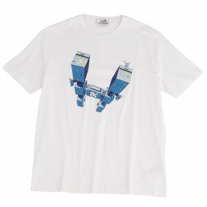 極美品 エルメス HERMES Tシャツ 20SS カットソー IMPRIME HERMES ODYSEE Hロゴ トップス メンズ M ホワイト/ブルー cg09mn-rm05e25482