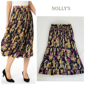 ノーリーズ フラワープリントプリーツスカート 花柄 フレア 36(S) NOLLY’S ミモレ丈 ウエストゴム ネイビー 紺