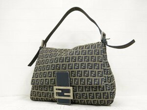 ◆FENDI フェンディ◆マンマバケット◆ズッキーノ◆ナイロン カーフ レザー 本革◆ハンド バッグ◆ネイビー ベージュ シルバー金具◆A4884