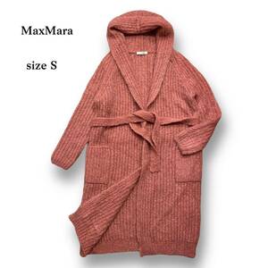 美品 ルーマニア製 MaxMara マックスマーラ モヘヤ 羊毛 混紡 ガウン ニット カーディガン コート 羽織り ベルト サーモンピンク フード S