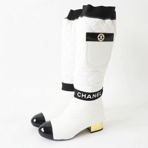 美品◎伊製 CHANEL シャネル 21K G38428 レディース 2WAY バイカラー ロゴ×ココマーク ロングブーツ／ショートブーツ 白×黒 36 箱付き