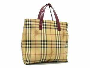 1円 BURBERRY バーバリー ノバチェック PVC×レザー トートバッグ ハンドバッグ レディース ライトブラウン系×ボルドー系 AW3433