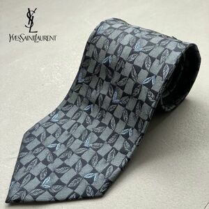 Yves Saint Laurent シルク 100% 総柄 葉　ネクタイ　/　サンローラン SETA SILK TIE NAVY ネイビー