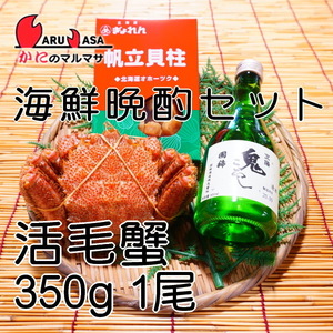 【かにのマルマサ】北海道産 活毛ガニ350g 1尾 ホタテ干し貝柱80g 国稀鬼ころし 300ml 海鮮晩酌セット