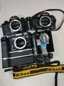 【整理業者リサイクル】 Nikon EM FE MB-1 MD-2 腕時計機械式 フィルムカメラ等まとめてジャンク品 1円スタート売り切り昭和レトロ カメラ