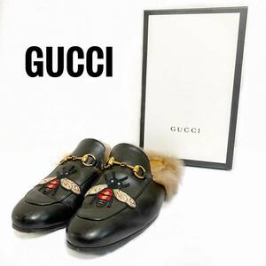 GUCCI プリンスタウン 蜂 刺繍 ワッペン ローファー メンズ 7 グッチ ファー Bee ホースビット 26 26.5 ミュール レザー ミケーレ 黒 廃盤