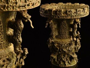 【琴》送料無料 中国美術 青銅器 漢銅器 祭器 時代 細密彫花器 高23cm TR532
