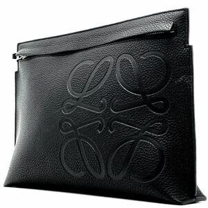 1円【極上品】LOEWE ロエベ セカンドバッグ クラッチ ポーチ アナグラム シルバー金具 ロゴ型押し レザー 本革 ブラック 黒色 メンズ