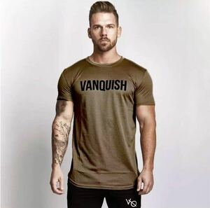 【M-size】VANQUISH センターロゴ Tシャツ メッシュ オリーブ/スポーツ/GOLD/ウェア/BCAA/GYM/トレーニング/プロテイン/ダンベル/