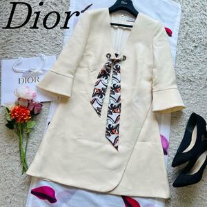 【良品】Christian Dior スカーフワンピース ベージュ フレア クリスチャンディオール オフホワイト 七分袖 Ｖネック