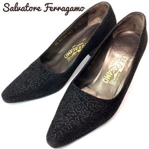 【 Salvatore Ferragamo 】 サルヴァトーレフェラガモ ６C 23.5cm パンプス ヒール ブラック 幾何学 模様 チャンキーヒール ビジネス 通勤